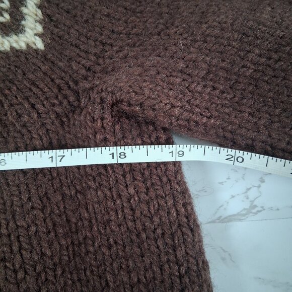 Wool Chunky Hand Knit Fair Isle Sweater Brown Tan Warm Cozy Cabincore Ski Chalet - Picture 10 of 11
